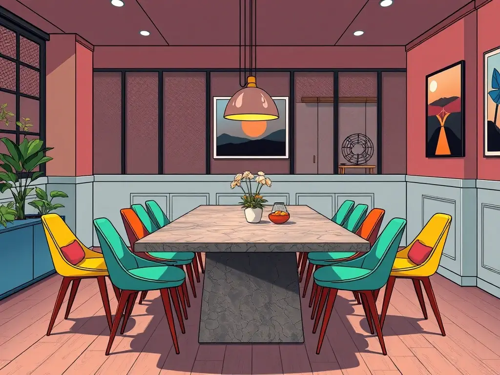 A chic dining room showcasing a contemporary dining table with unique design elements, surrounded by stylish chairs and complemented by elegant lighting.