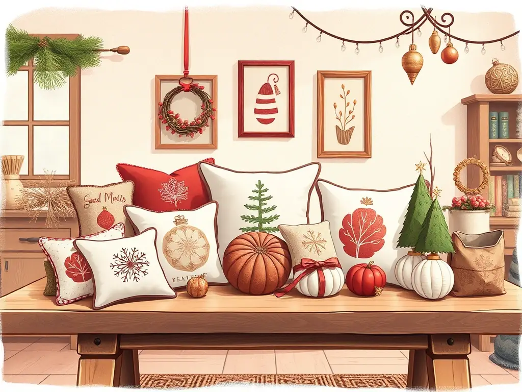 A vibrant image showcasing a variety of handcrafted items from the Seasonal Crafts collection, including decorative pillows, wall art, and festive ornaments, set against a cozy, inviting backdrop.