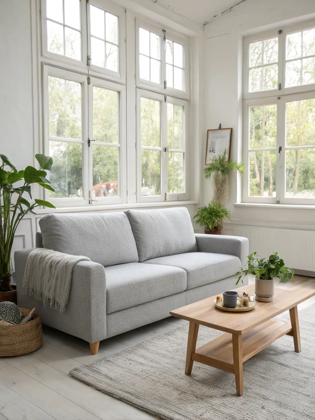 A brightly lit living room featuring SteelcaseCo's 'Urban Chic' collection, showcasing a minimalist sofa, geometric coffee table, and abstract art pieces.