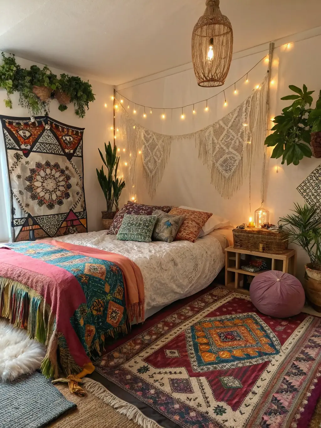 A cozy bedroom setup featuring SteelcaseCo's 'Bohemian Rhapsody' collection, including a rattan headboard bed, colorful throw pillows, and macrame wall hangings.