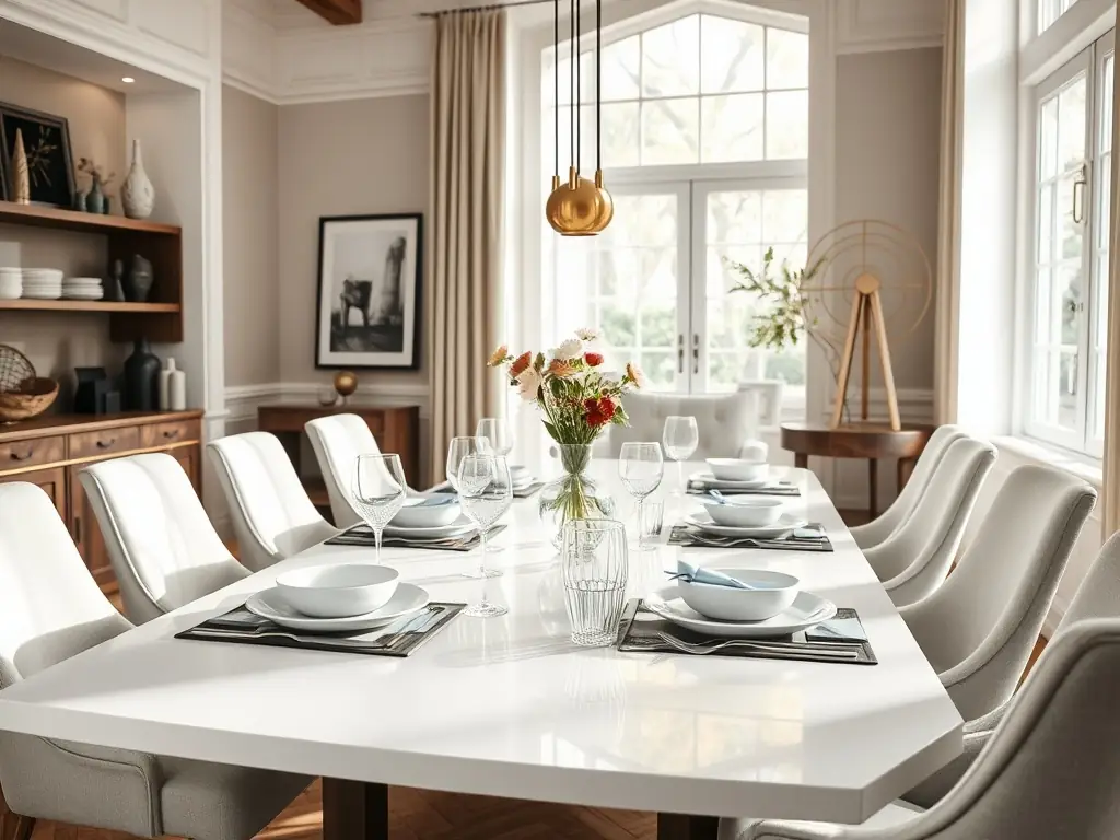 A chic, minimalist dining table with elegant chairs, set in a bright and airy dining room. The image should emphasize the table's craftsmanship and aesthetic appeal.