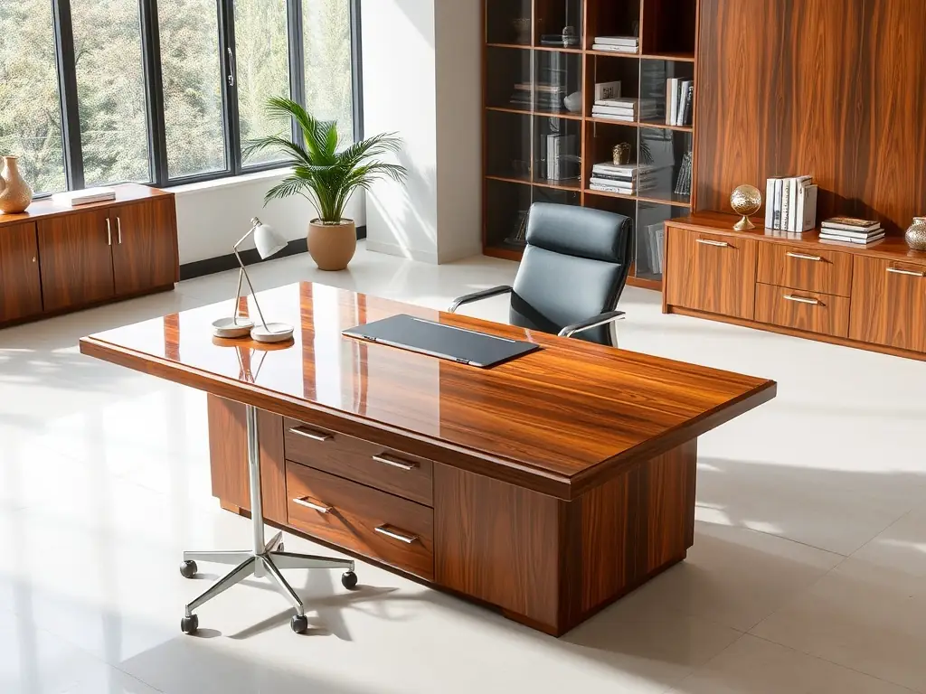 An executive office featuring a custom-designed executive desk made of dark wood with leather accents. The desk is spacious and functional, with ample storage and a built-in monitor stand. The office exudes professionalism and sophistication.