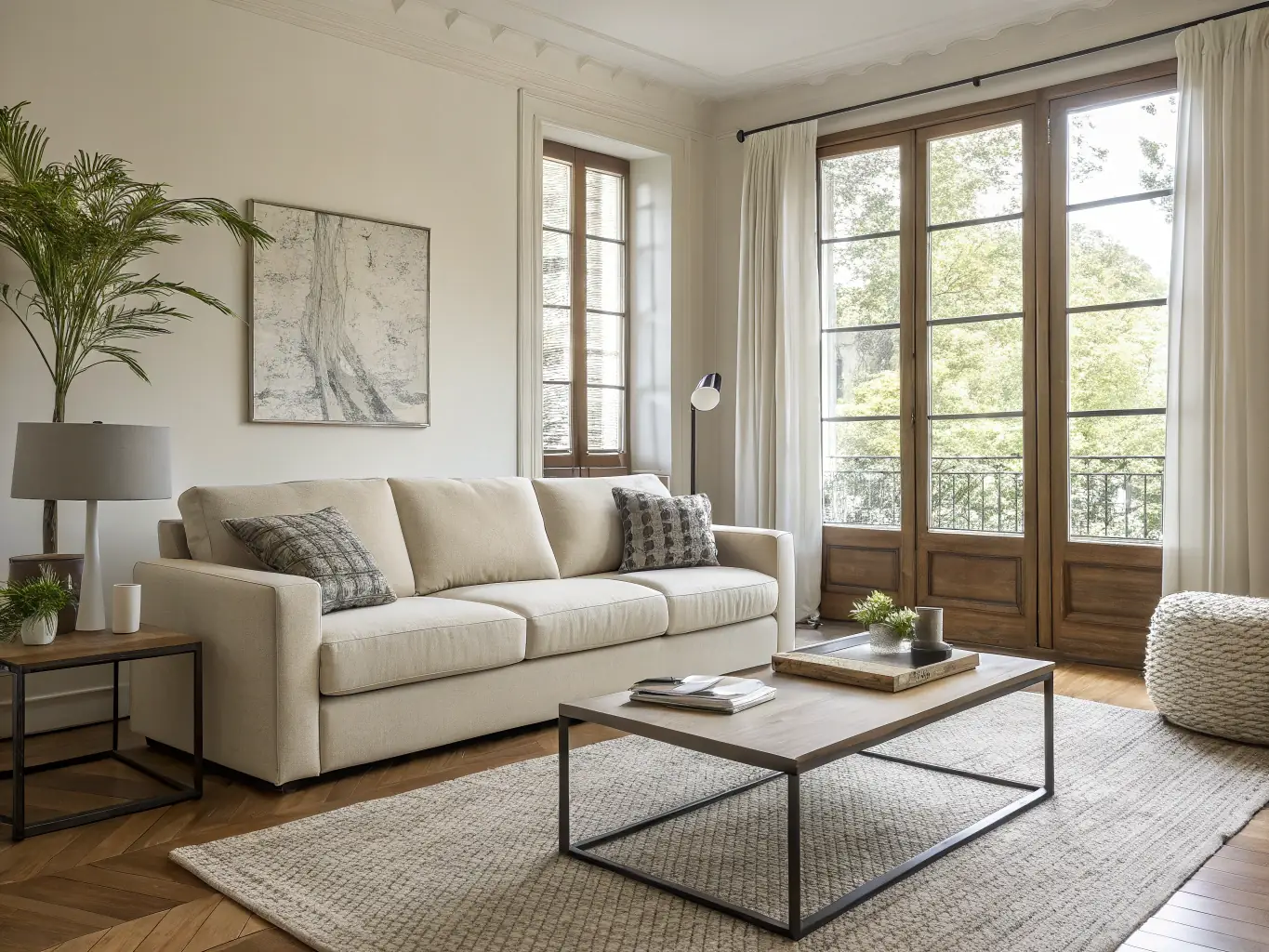 A brightly lit living room showcasing a modern, minimalist sofa with clean lines and a neutral color palette, complemented by a sleek coffee table and stylish decor.