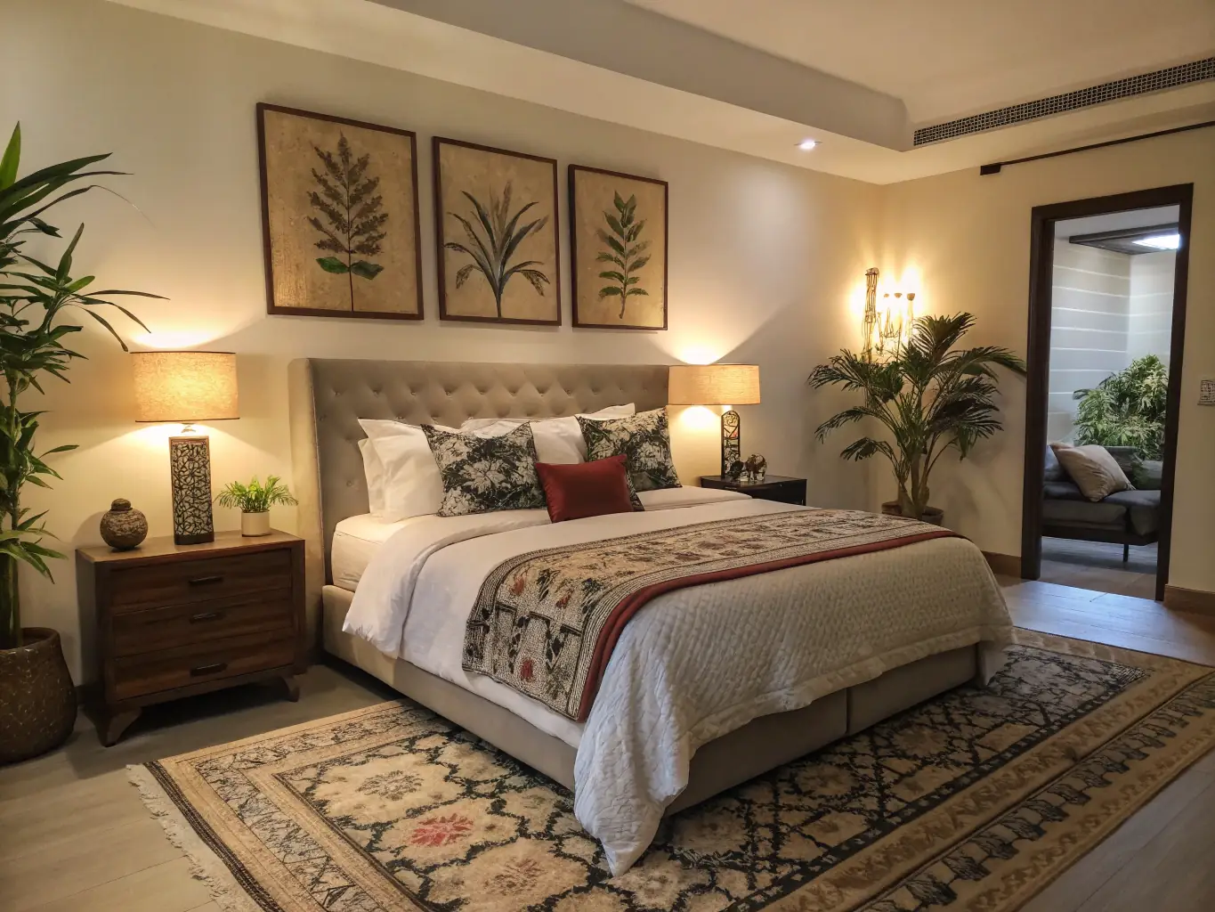 A cozy bedroom featuring a SteelcaseCo bed with custom headboard and bedding, emphasizing the comfort and style of the furniture.