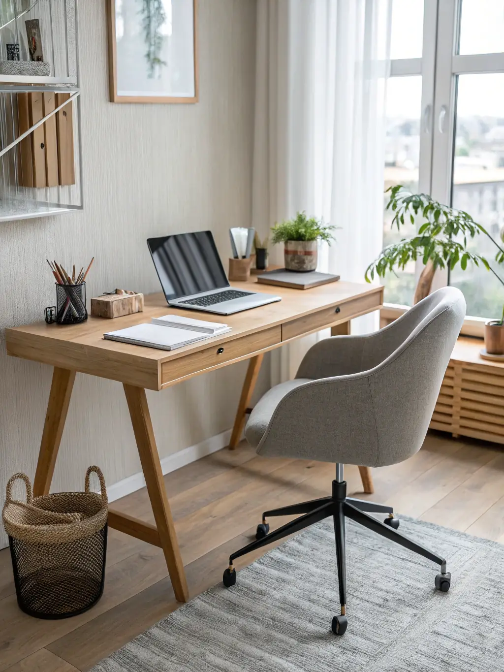 A stylish home office featuring SteelcaseCo's 'Industrial Edge' collection, showcasing a metal-framed desk, leather chair, and exposed brick wall.