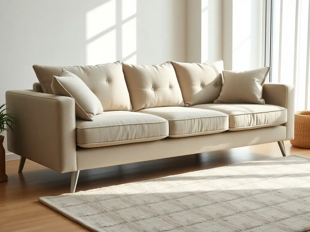A stylish, modern sofa with clean lines and a neutral color palette, set in a contemporary living room. The image should highlight the sofa's design and comfort.