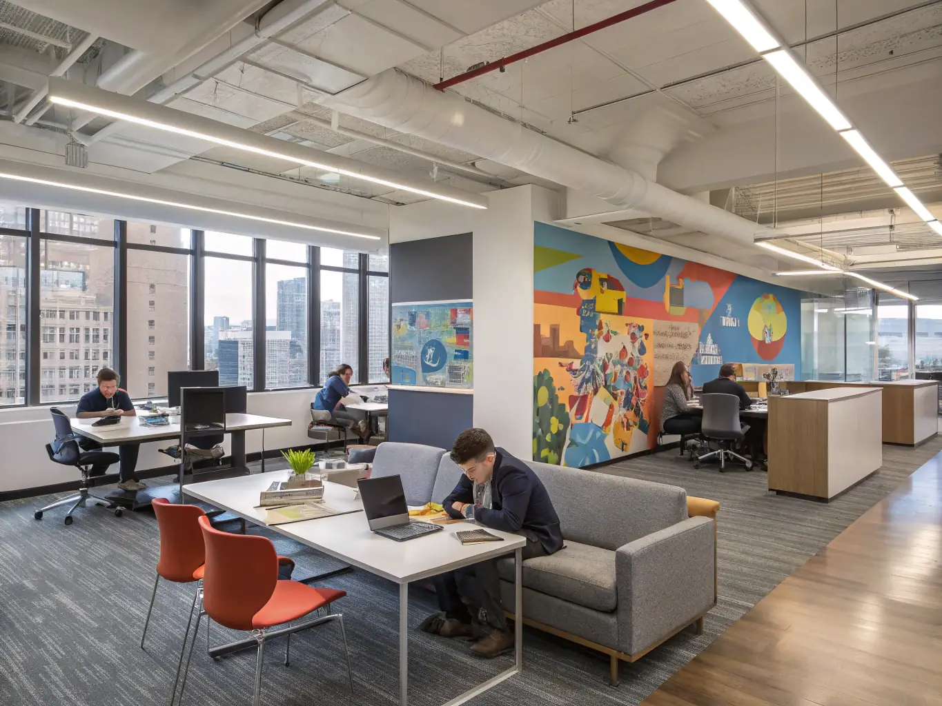A collaborative workspace featuring custom-designed modular desks arranged in a pod configuration. The desks are height-adjustable and equipped with integrated cable management systems. Employees are working comfortably and efficiently.
