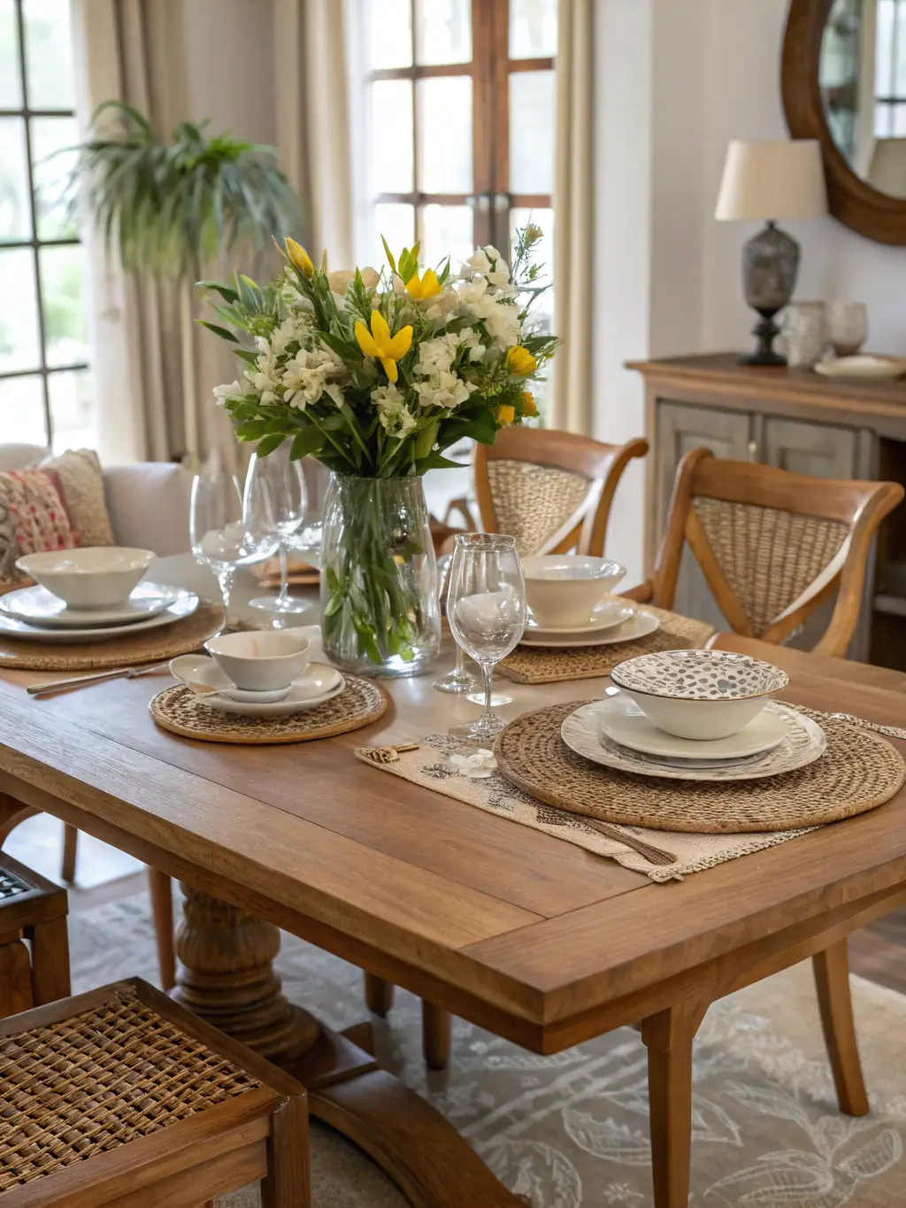 A beautifully crafted wooden dining table with elegant chairs, creating a warm and inviting atmosphere for family gatherings.