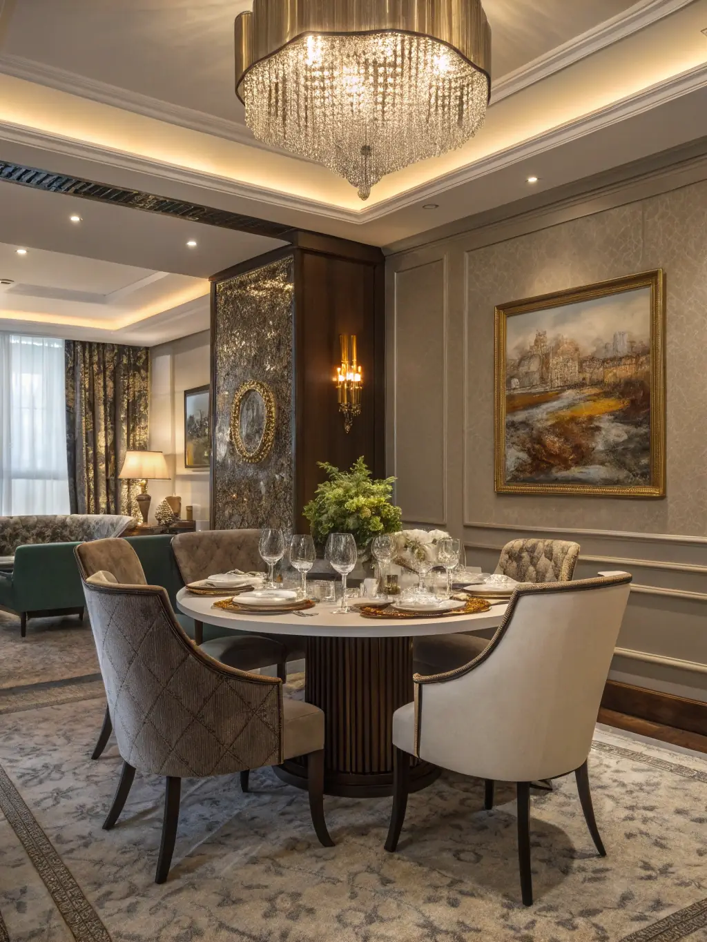 A luxurious dining room featuring SteelcaseCo's 'Glam Luxe' collection, showcasing a velvet dining chairs, a marble-top table, and a crystal chandelier.