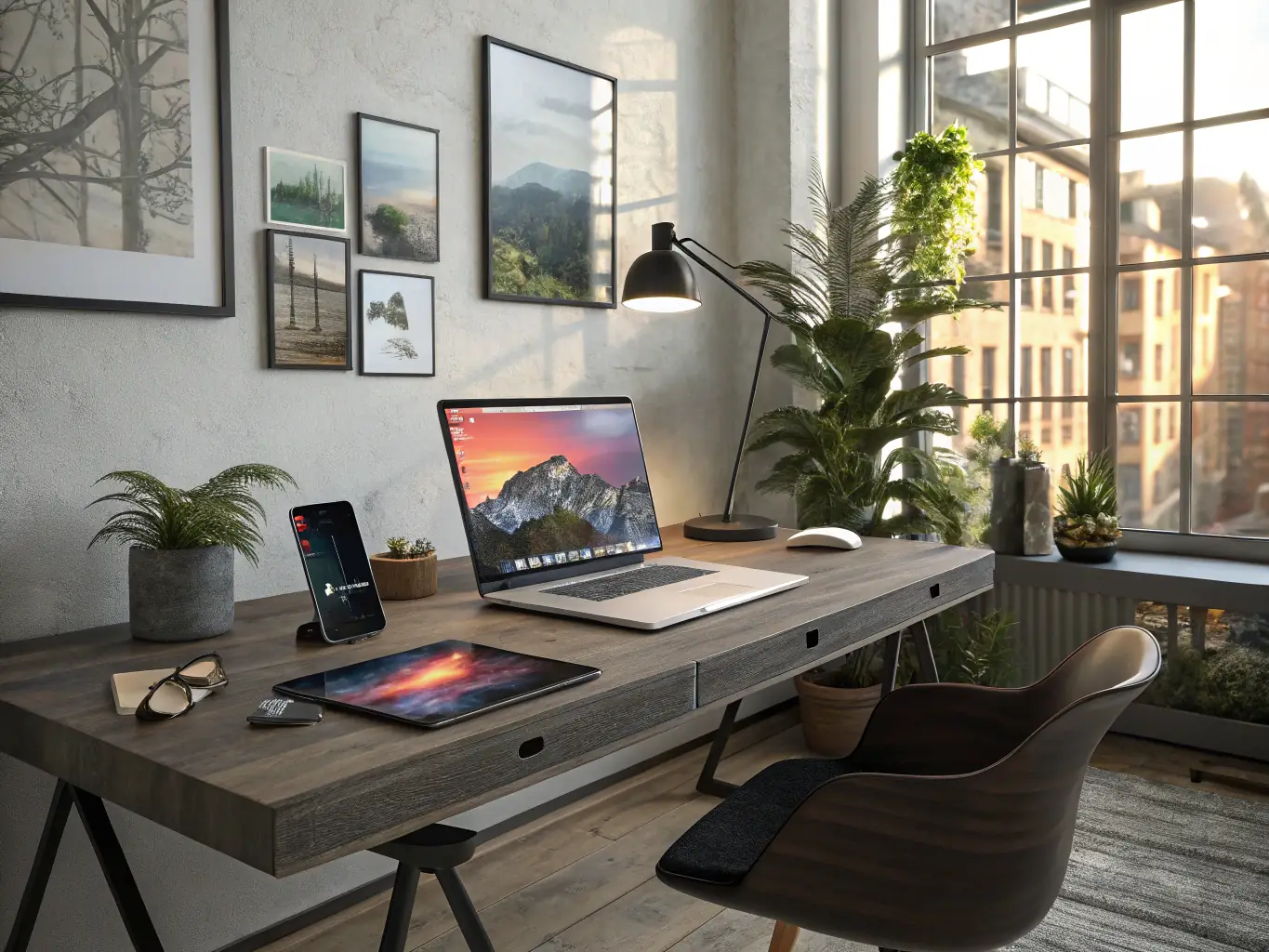 A well-organized home office featuring an ergonomic chair, a spacious desk with built-in storage, and stylish accessories.
